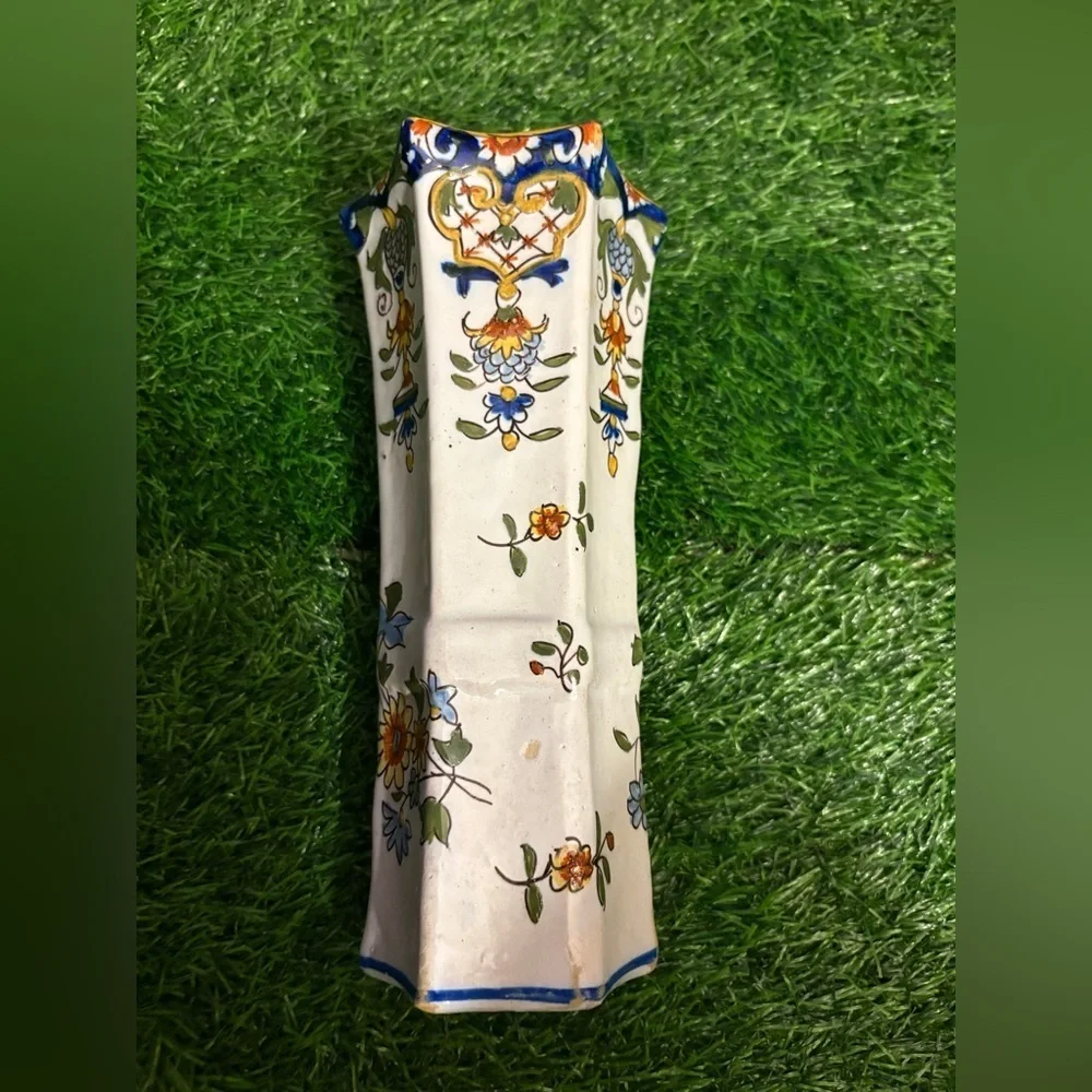 Unbranded 19th Century French Hand Painted Faience Trumpet Vase from Normandy.